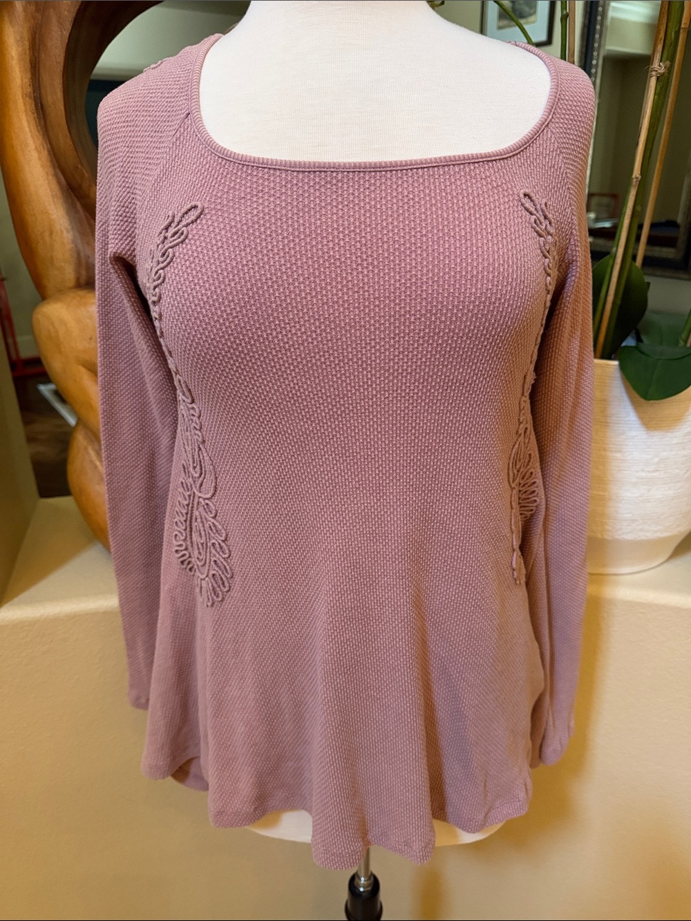 Free People Dusty Mauve Knit Square-Neck Long Sleeve Top PTP 16”